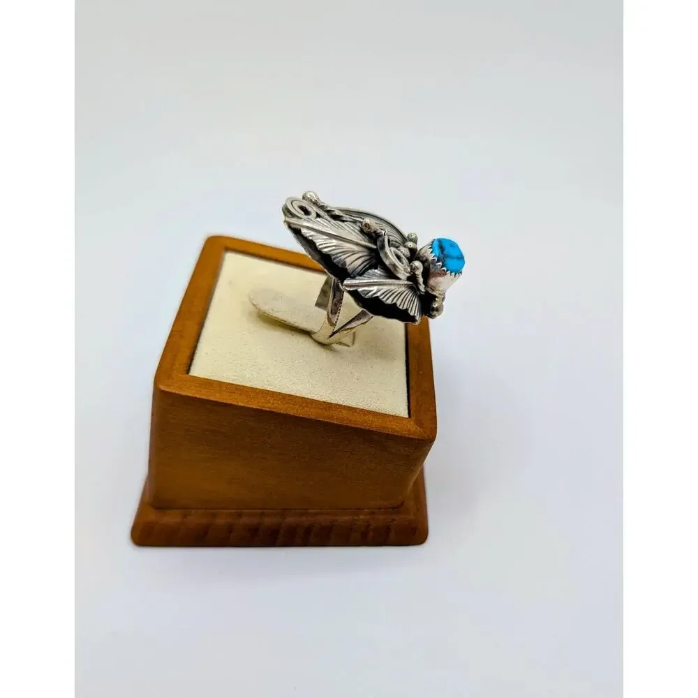 VTG NA Navajo C. Yazzie Turquoise and Sterling Silver Statement Leaf Ring sz 8